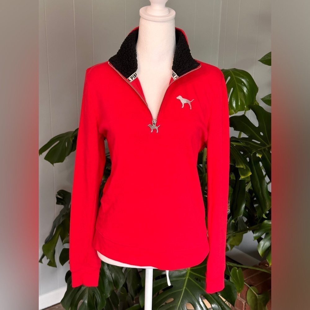 🛍️Pink Victoria secret So Soft Red with Black half zipper sweater Size SP